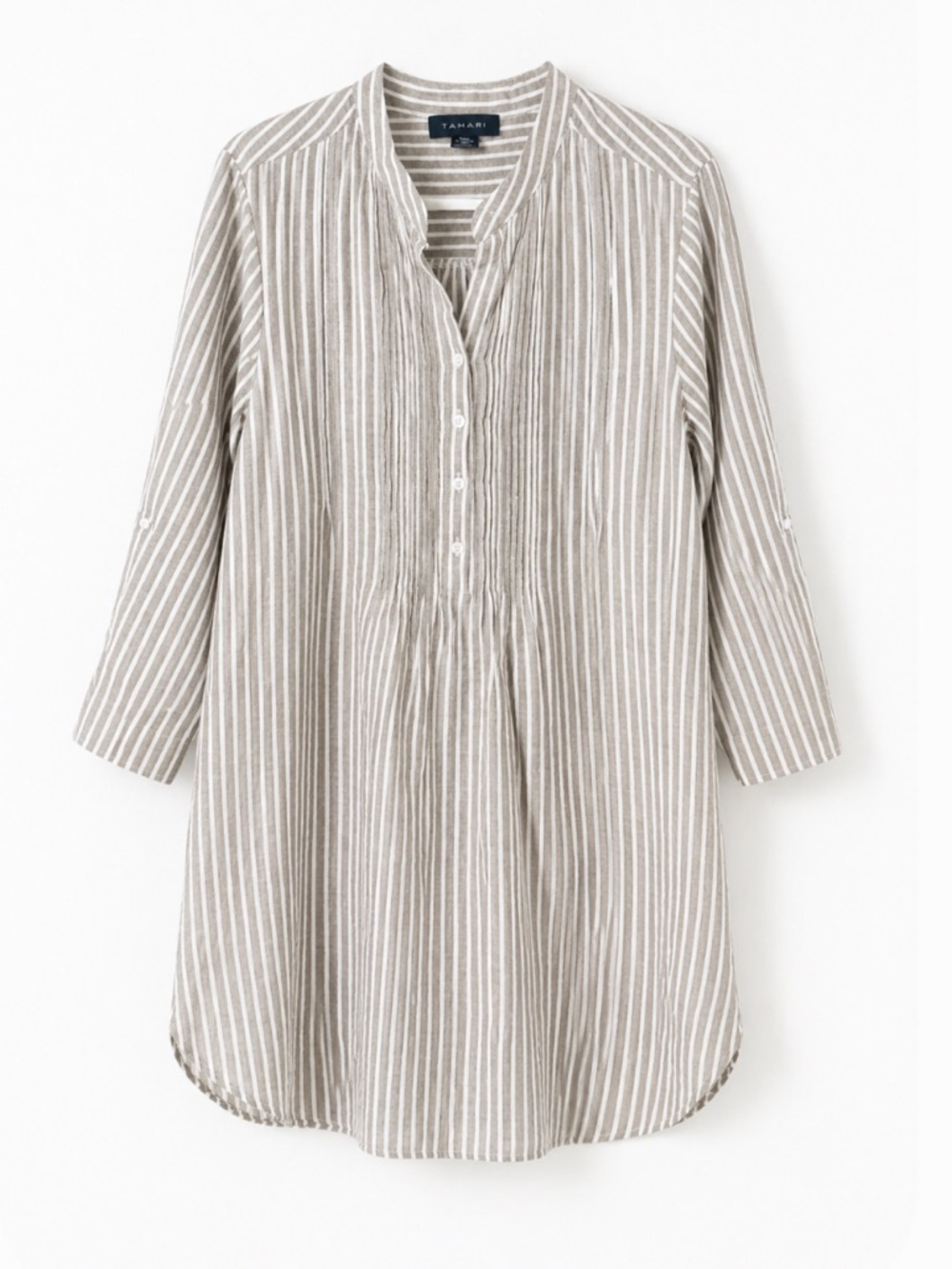 Tahari Beige and White Striped Linen Tunic Top